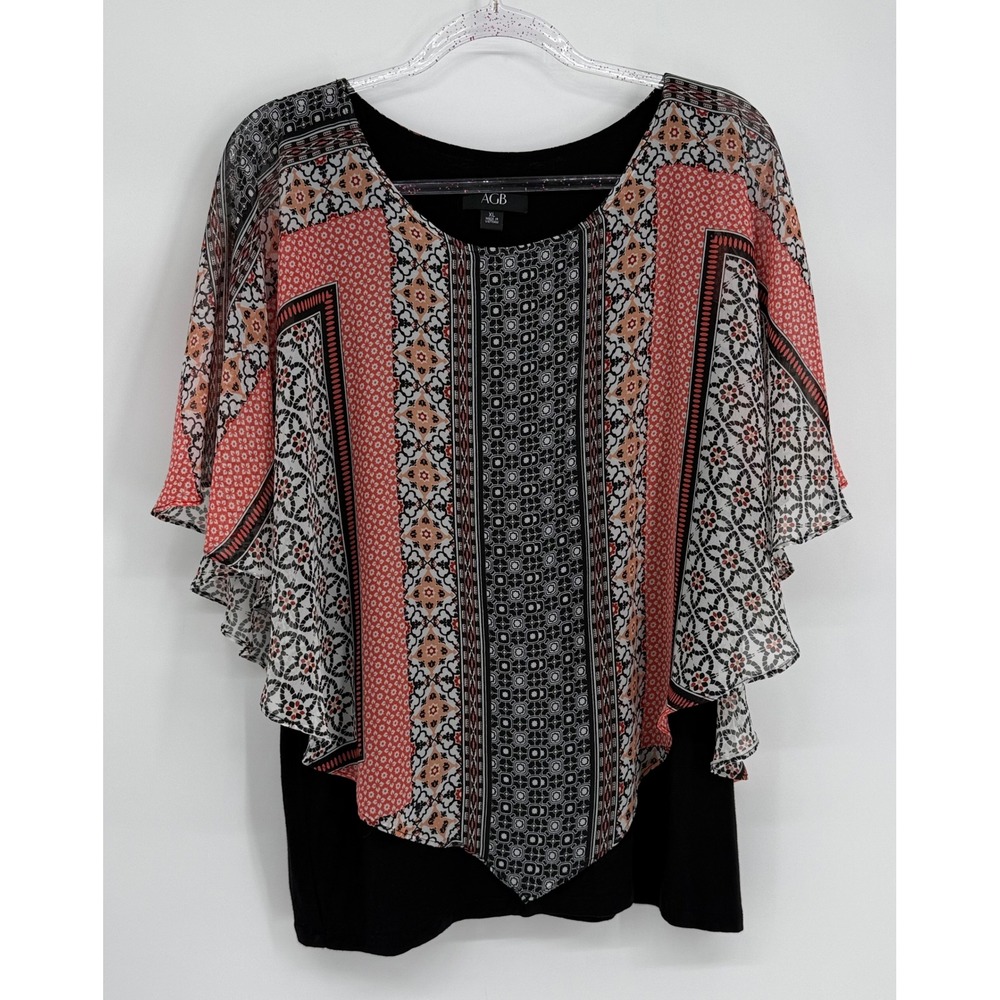 AGB Womens Sz XL‎ Poncho Layered Top Geometric Medallion Print Black Coral